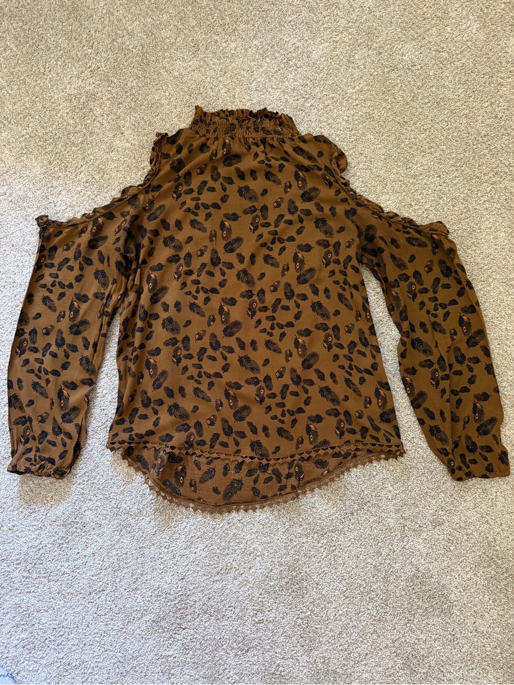 Nanette Lepore Brown Leaf-Print Cold-Shoulder Blouse